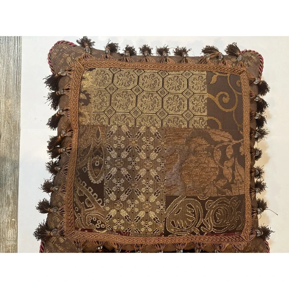CROSCILL HOME Burgundy Jacquard‎  Decorative Boudoir Bead Tassel Pillow 17 x17.